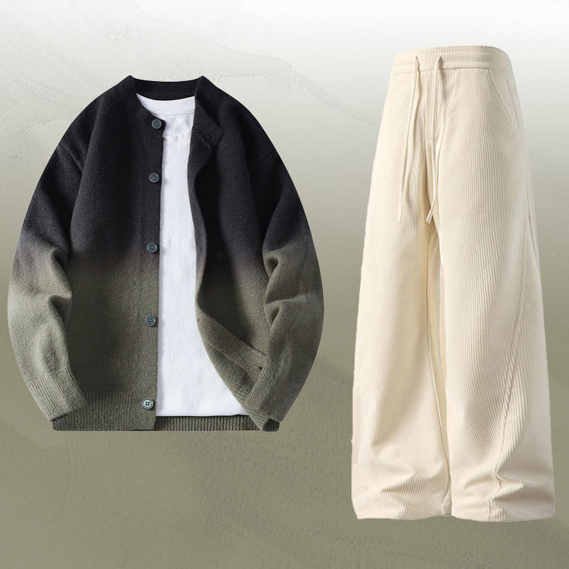 Gradient Knit Cardigan Sweater Corduroy Pants Two Pieces - Set E - 4XL - image 5