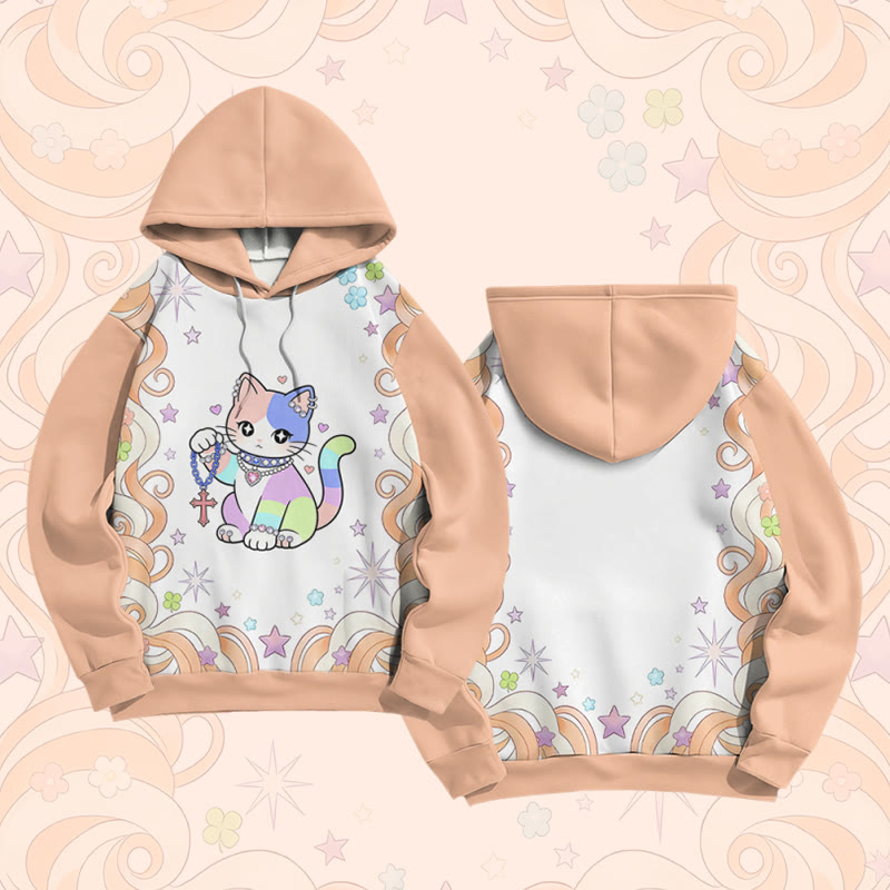 Maximalist Rainbow Cat Graphic Modakawa Color Block Pullover Hoodie - Orange - 6XL - image 3
