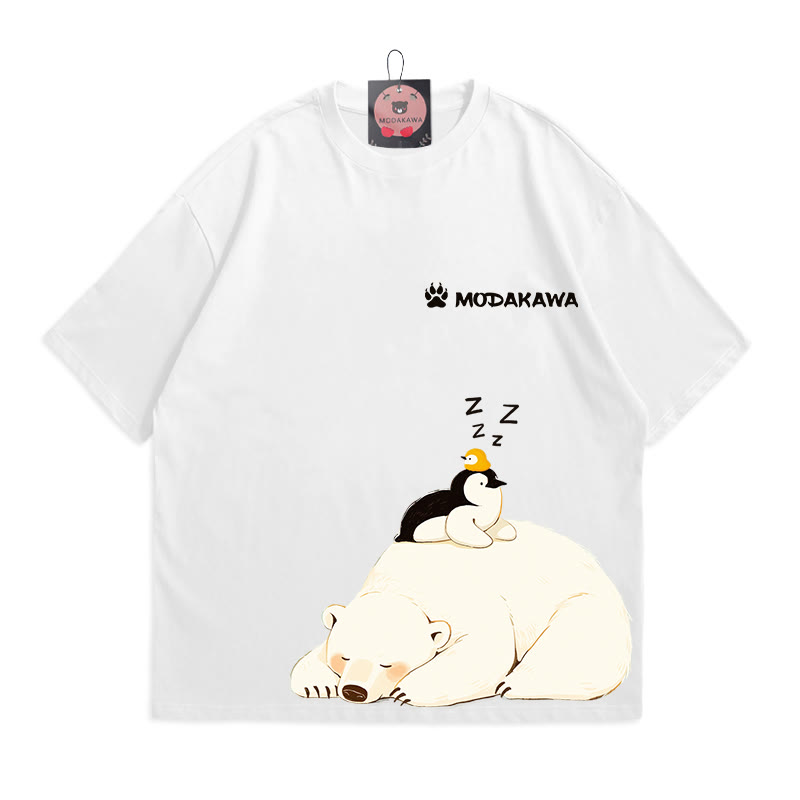 Polar Bear Penguin Letter 100% Cotton Modakawa T-shirt - White - 5XL - image 3
