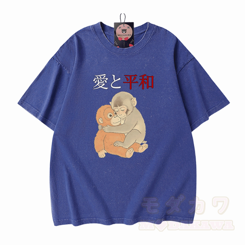Peace Love Hugging PUNCH Monkey Graphic Modakawa Vintage Washed 100% Cotton T-shirt - Blue - 5XL - image 4