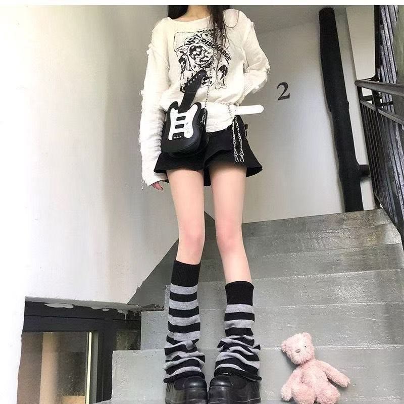 Knit Flare Leg Warmers Socks - Gray Striped with Black - One Size - image 12