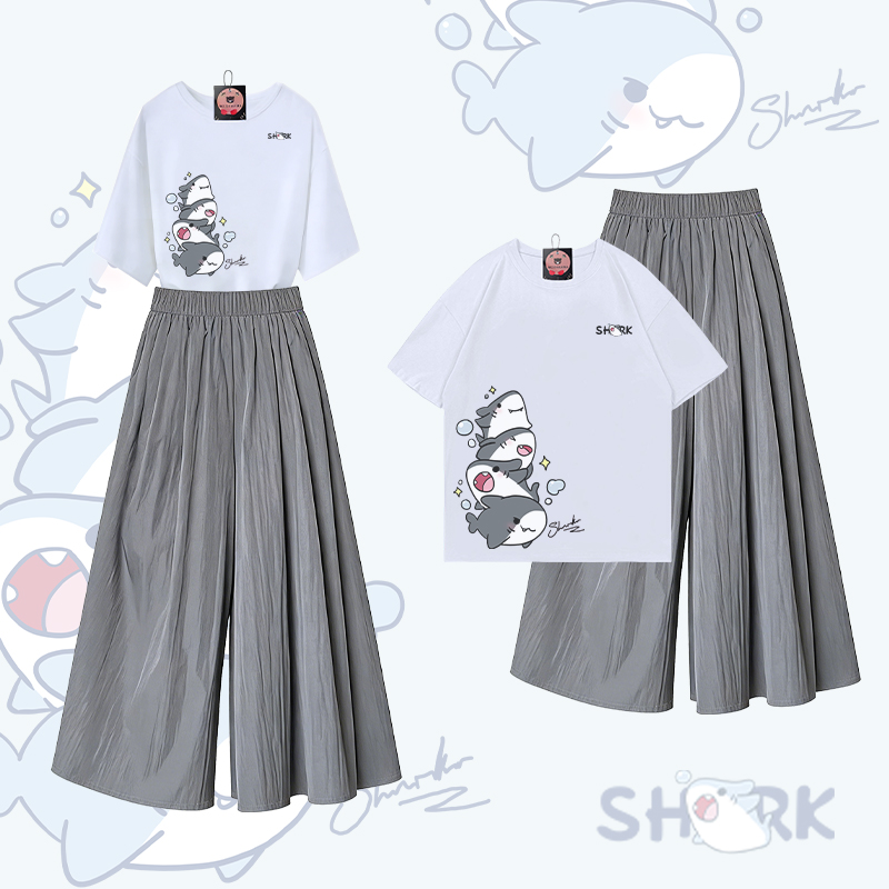 Sharks Graphic 100% Cotton T-shirt Wide Leg Pants Modakawa Two Pieces Set - White & Grey - XL - image 3
