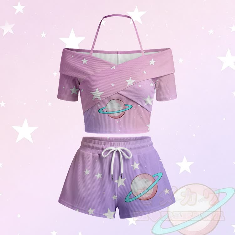 Planet Star Print Modakawa Gradient Off Shoulder Top & Shorts Set - Pink Set - 5XL - image 4