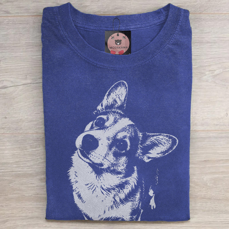 MODAKAWA Corgi Graphic Unisex Vintage Washed T-shirt - Blue - 5XL - image 2