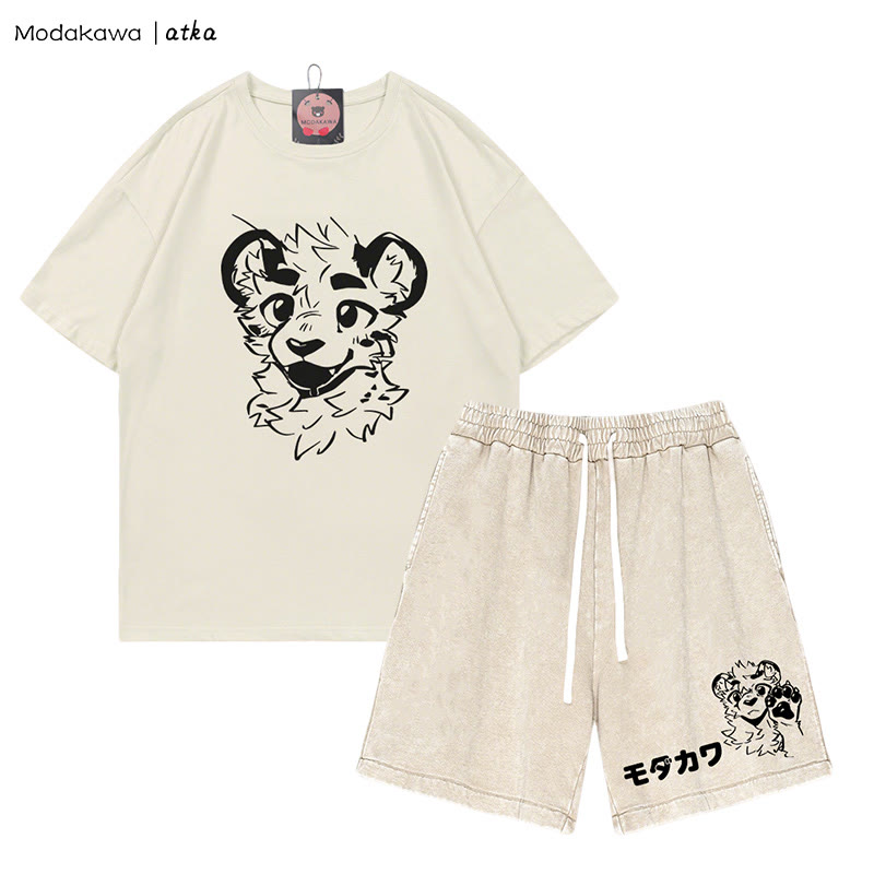 MODAKAWA X atka Tiger Print T-shirt Vintage Washed Shorts Two Pieces Set - Beige - 3XL - image 3