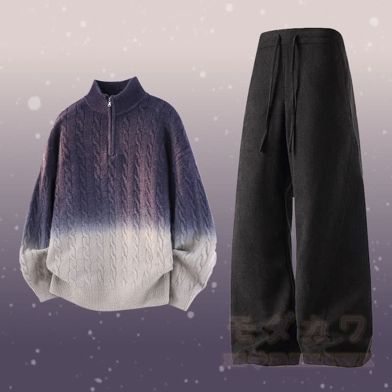 Gradient Knit Half-Zip Sweater Corduroy Pants Two Pieces - Set C - 3XL - image 3