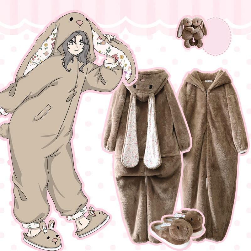 Cartoon Bunny Plush Onesie Pajamas - Brown Onesie+Slippers - 6XL - image 8