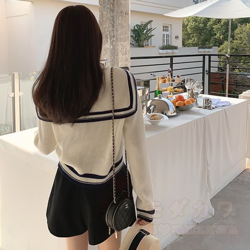Sailor Collar Knit Sweater with Denim Jeans Two Pieces Set - image 4