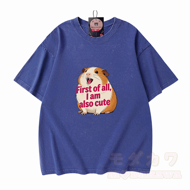 Hamster Pet Graphic Modakawa Vintage Washed 100% Cotton T-shirt - Blue - 5XL - image 4