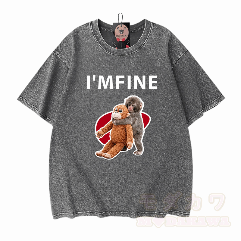 I'M FINE Monkey Graphic Modakawa Unisex Vintage Washed T-shirt - Grey - 5XL - image 7