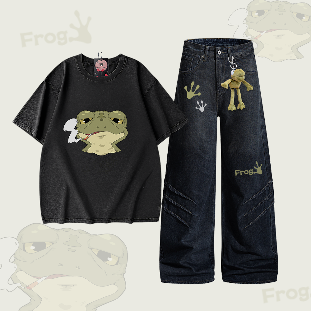 Smoking Frog Graphic Vintage Washed 100% Cotton T-shirt Denim Pants Modakawa Two Pieces Set - Set C - 2XL - image 2