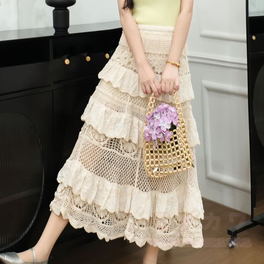 Boho Crochet Tiered Ruffle Beach Vacation Lace Maxi Skirt - image 7