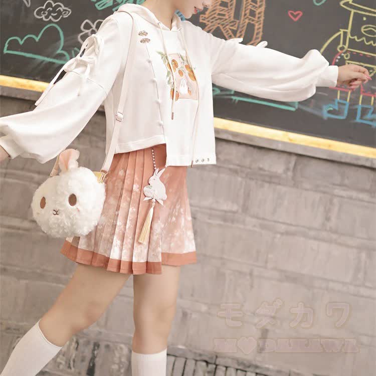 Orange Bunny Graphic Hoodie with Pink Pleated Mini Skirt - image 6