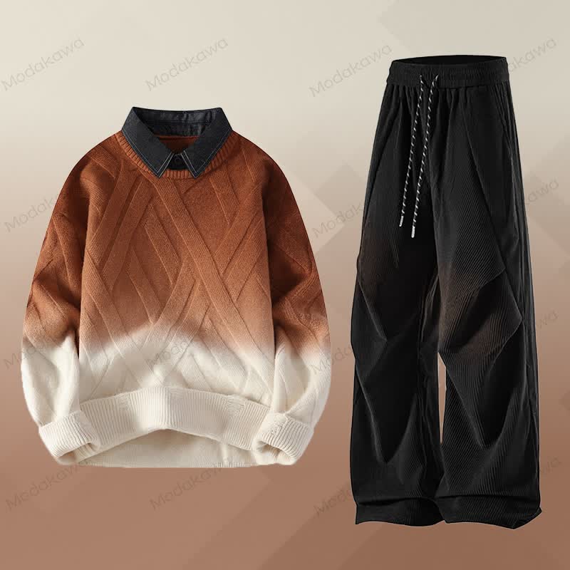 Faux Layered Knit Sweater Corduroy Pants Two Pieces - Set F - 3XL - image 6