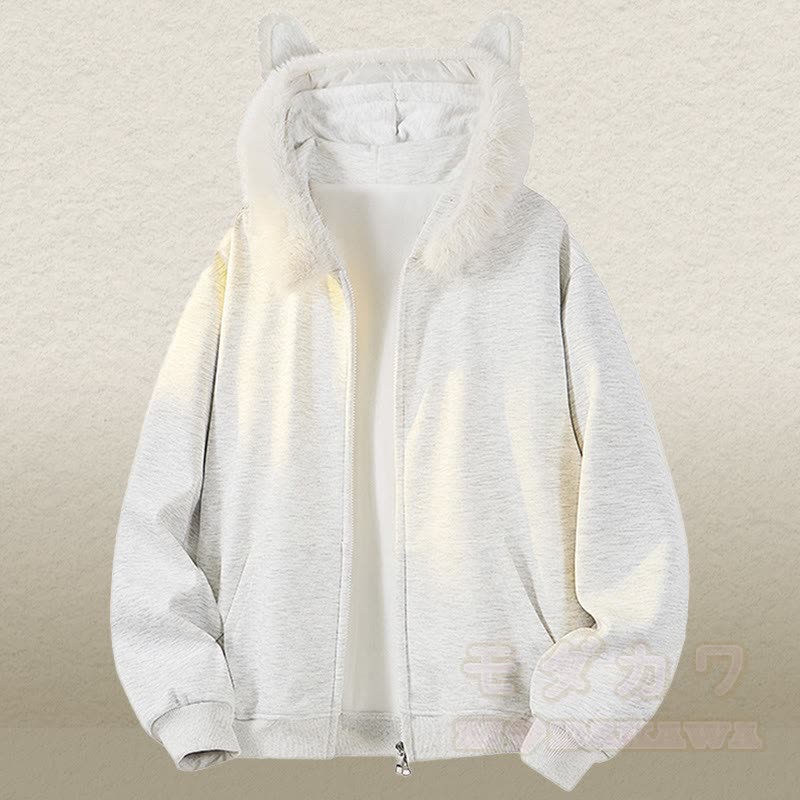 Animal Ear Fleece Lined Zip Up Hoodie Denim Pants Two Pieces - Grey Hoodie - 2XL - image 6