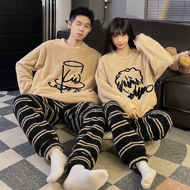 Cute Cartoon Coral Fleece Couple Pajamas - Khaki - Men:3XL - image 9