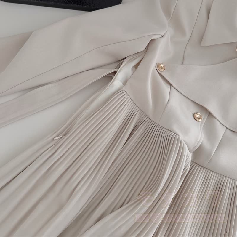 French Style Lapel Waist Tie Long Sleeve Pleated A‑Line Dress - image 7