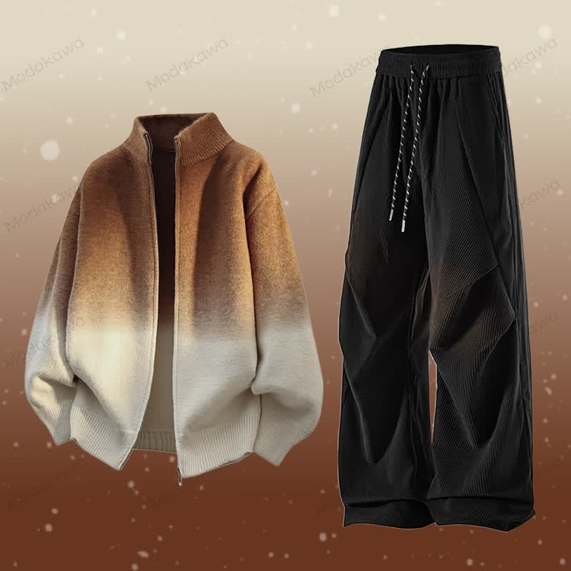 Gradient Zip Up Jacket Corduroy Pants Two Pieces - Set F - 3XL - image 6