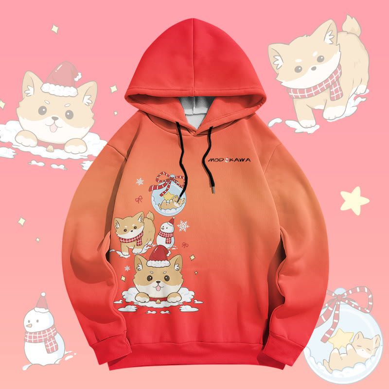 MODAKAWA Gradient Christmas Puppy Graphic All Over Print Pullover Hoodie - Red - 6XL - image 3