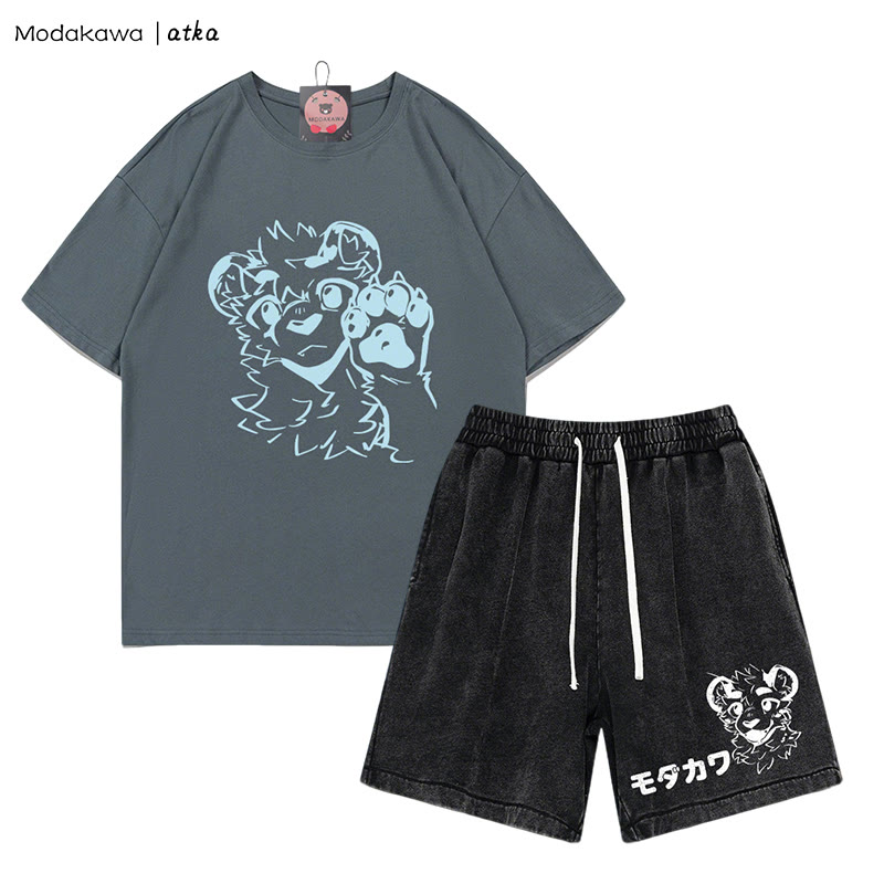 MODAKAWA X atka Tiger Print T-shirt Vintage Washed Shorts Two Pieces Set - Grey&Black - 3XL - image 9