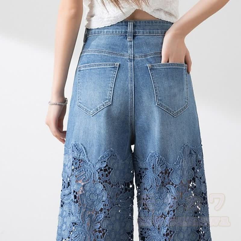 Vintage Lace Spliced High Waist Wide Leg Denim Pants - image 5