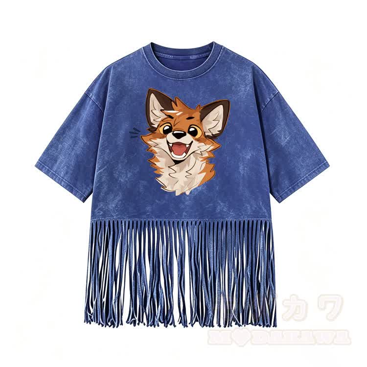 MODAKAWA X atka Fox Graphic Washed T-Shirt & Studded Denim Shorts - Blue T-Shirt - 5XL - image 6