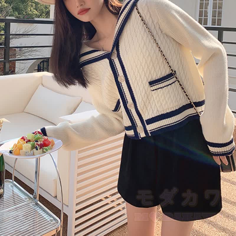 Sailor Collar Knit Sweater with Denim Jeans Two Pieces Set - image 3