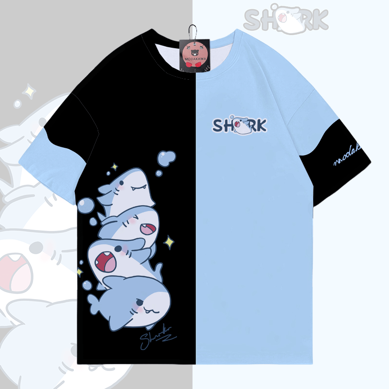 Playful Shark Graphic Modakawa Color Block T-shirt - Black & Blue - 5XL - image 3