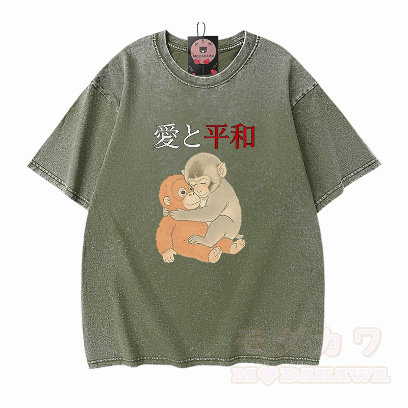 Peace Love Hugging PUNCH Monkey Graphic Modakawa Vintage Washed 100% Cotton T-shirt - Green - 5XL - image 8