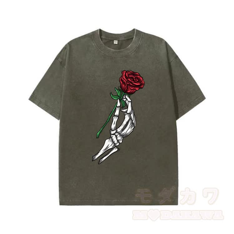 Skull Hand Rose Graphic Modakawa Vintage Washed 100% Cotton T-shirt - Dark Green - 5XL - image 6