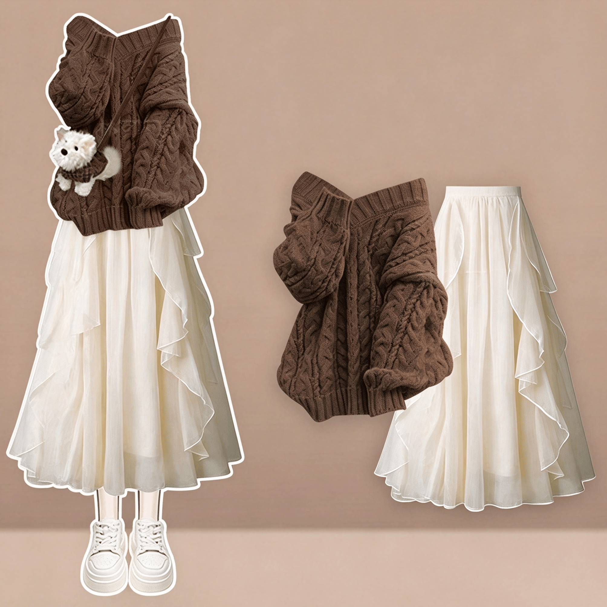Sweet Knit Sweater and Slip Dress Two Pieces Set - Coffee Set - 4XL - image 5