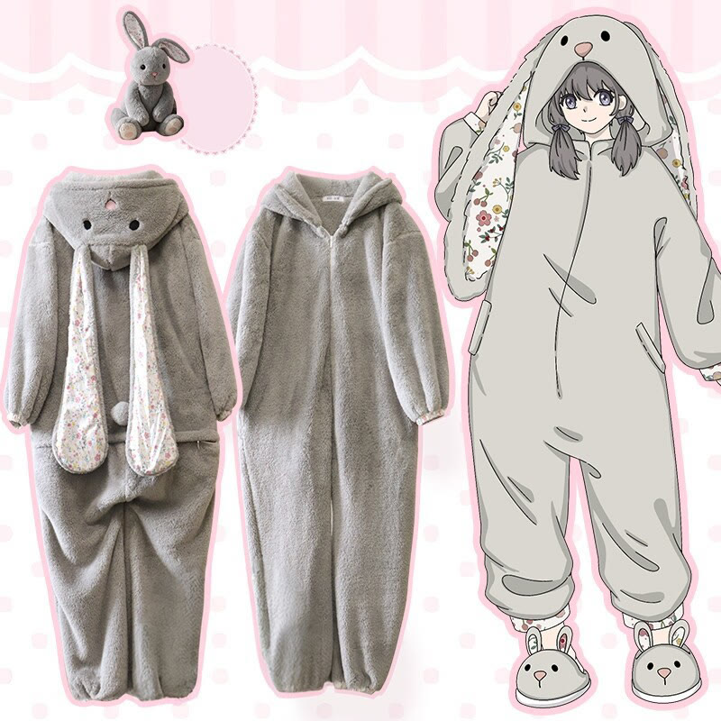 Cartoon Bunny Plush Onesie Pajamas - Grey Onesie - 6XL - image 12