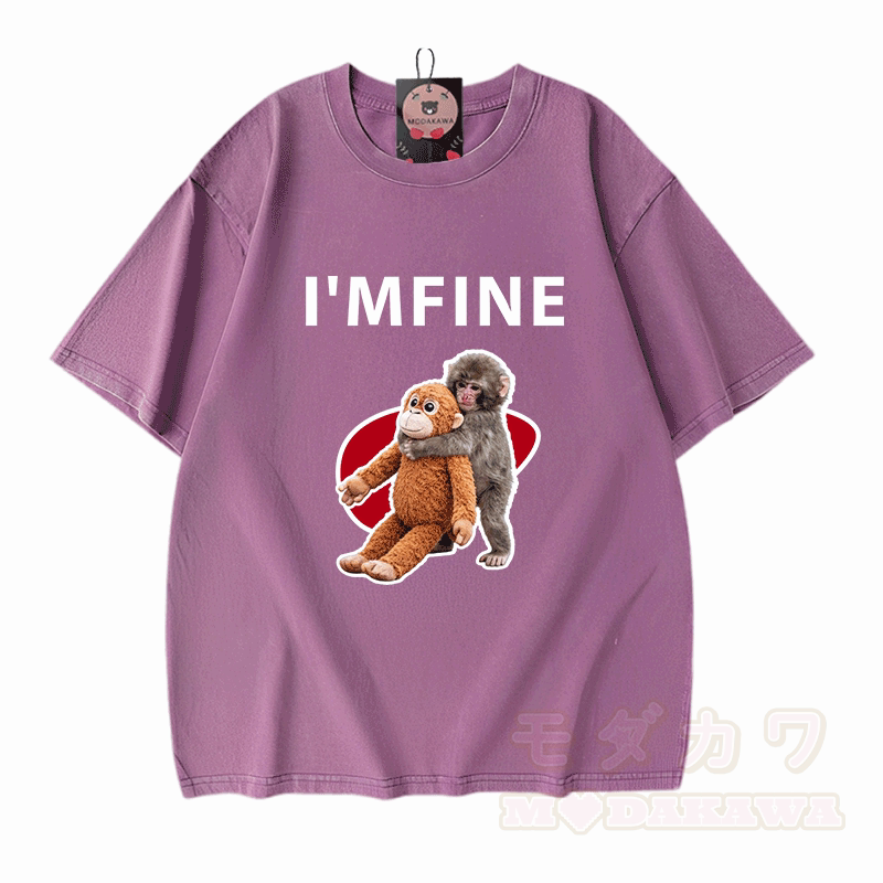 I'M FINE Monkey Graphic Modakawa Unisex Vintage Washed T-shirt - Purple - 5XL - image 4