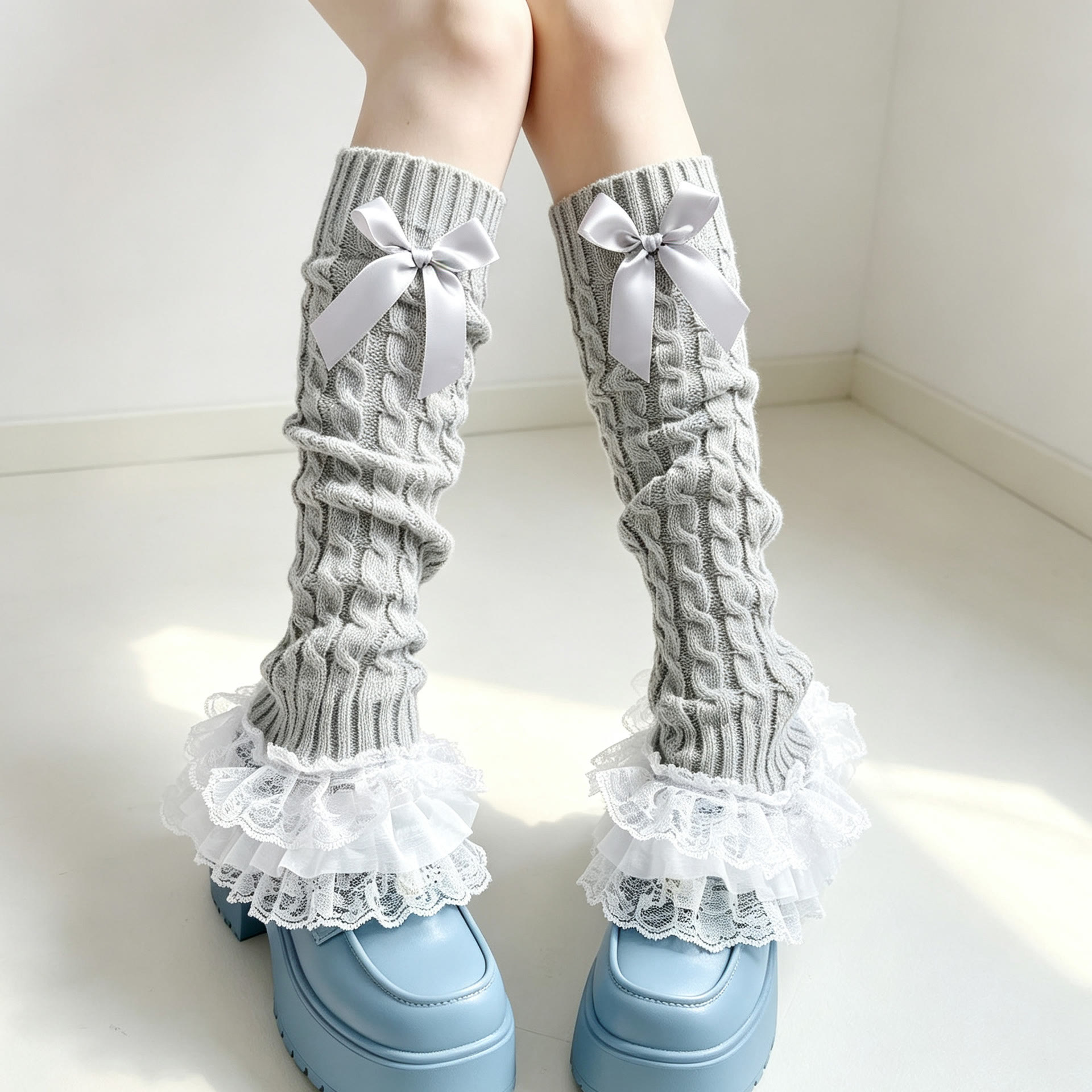 Lace Trim Calf Leg Warmers - Gray - One Size - image 5