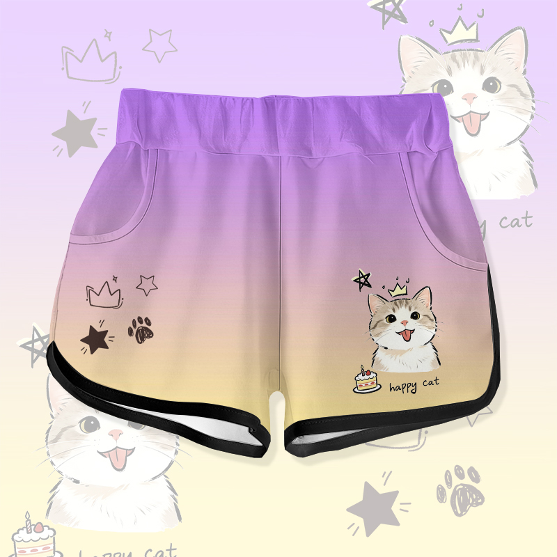 HAPPY CAT Cake Graphic Modakawa Gradient Shorts - Purple - 5XL - image 3