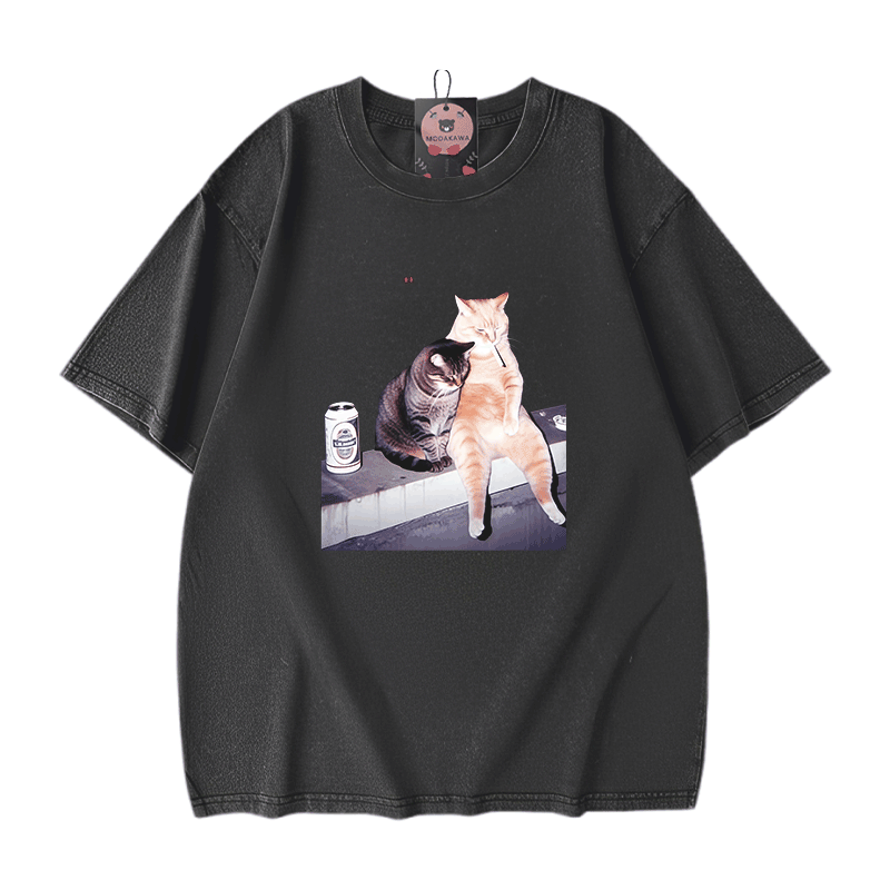 Smoking Cat Graphic Modakawa Unisex Vintage Washed T-shirt - Black - 5XL - image 2