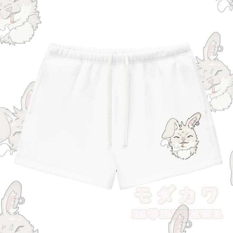 MODAKAWA Smoking Bunny Graphic Thick Fleece Lined Shorts - White - L - image 3
