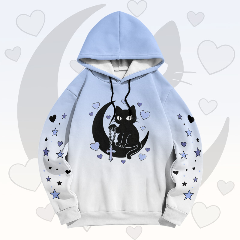 Gradient Black Cat Moon Graphic Modakawa Pullover Hoodie - Blue A - 6XL - image 4
