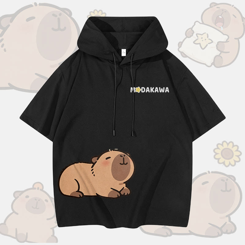 Cute Capybara Graphic Modakawa Short Sleeve Hoodie - Black - 3XL - image 2