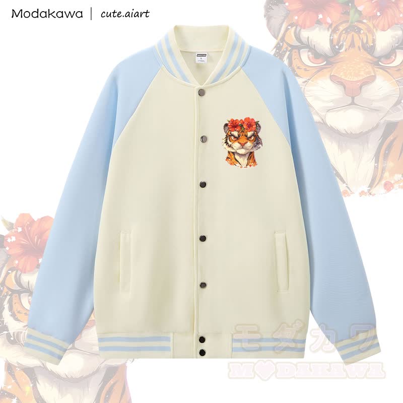 MODAKAWA X cute.aiart Tiger Graphic Color Block Baseball Jacket - Apricot & Blue - 5XL - image 3