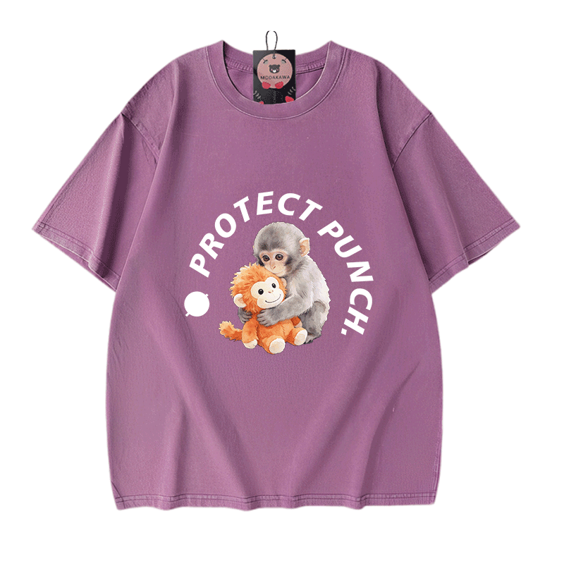 PROTECT PUNCH Hugging Monkey Graphic Modakawa Unisex Vintage Washed T-shirt - Purple - 5XL - image 8