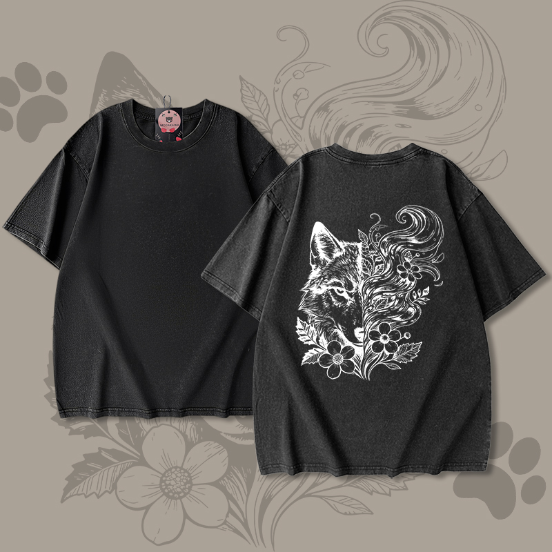 Wolf Floral Graphic Modakawa Unisex Vintage Washed T-shirt - Black - 5XL - image 3