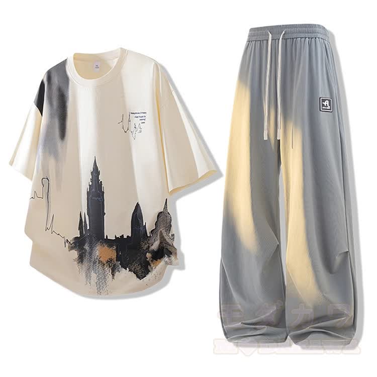 City Graphic Oversized T-Shirt & Wide Leg Pants Set - Set H【Apricot T-shirt+Grey Pants】 - 4XL - image 9