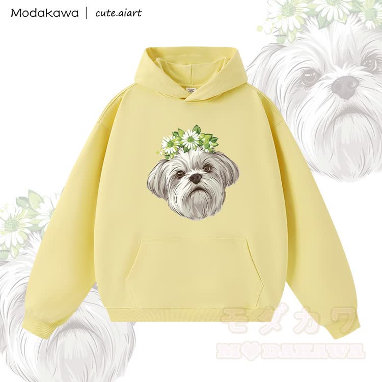 MODAKAWA X cute.aiart Floral Puppy Graphic Warm Thick Hoodie - Yellow - 3XL - image 3