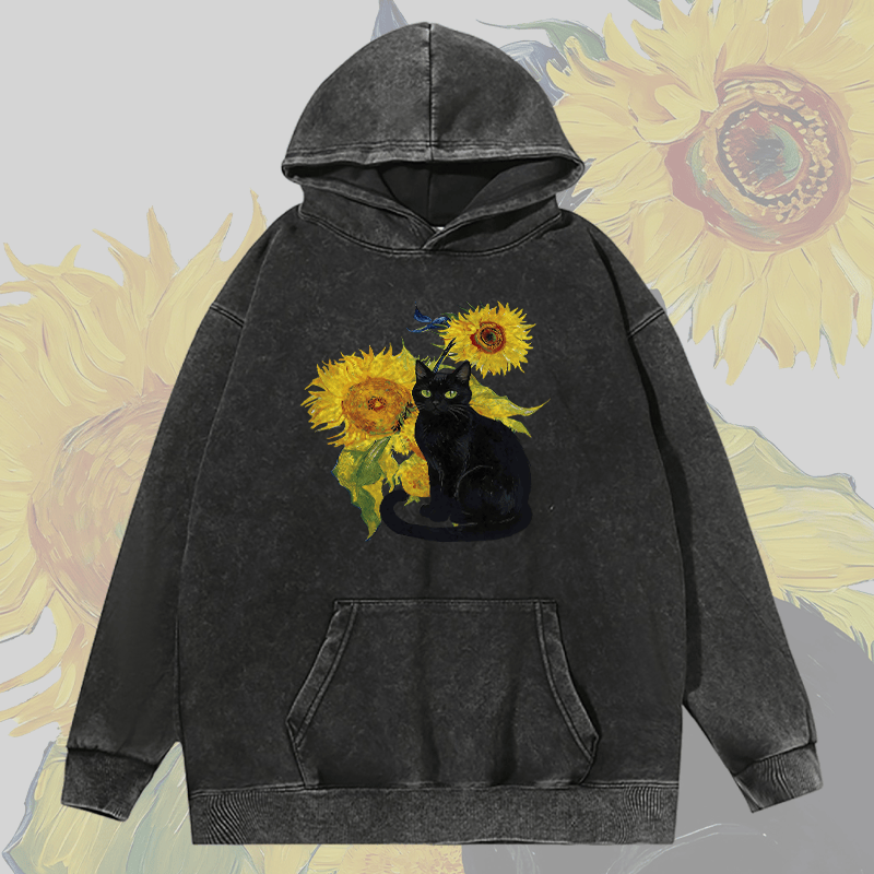 MODAKAWA Unisex Vintage Washed Hoodie Black Cat and Sunflowers Graphic Pullover - Black - 2XL - image 4