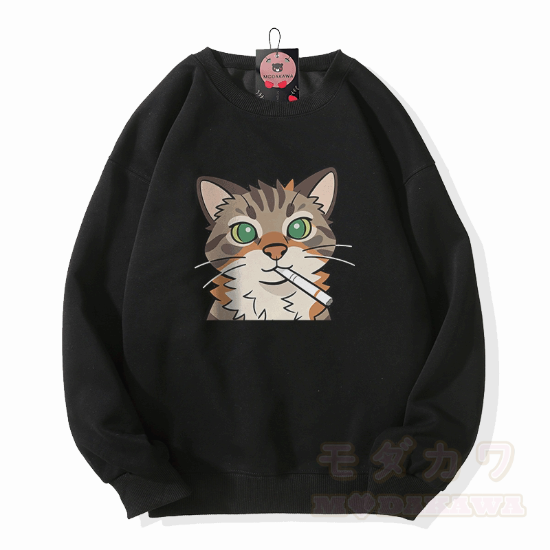 Smoking Cat Graphic Modakawa Unisex Sweatshirt - Black - 5XL - image 5