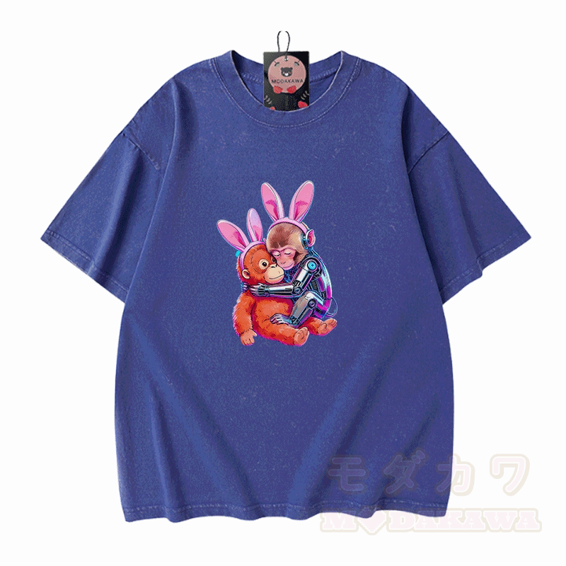 Hugging Cyber Monkey Graphic Modakawa Vintage Washed 100% Cotton T-shirt - Blue - 5XL - image 4