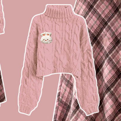 Maillard Knit Sweater and Plaid Skirt Two Pieces Set - Pink Sweater - XL - image 13
