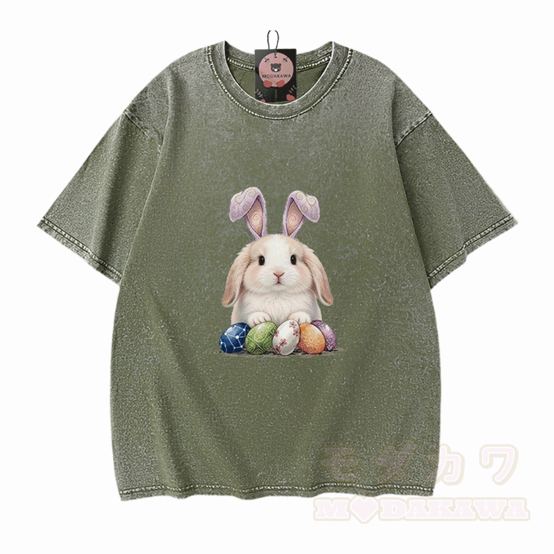 Easter Egg Bunny Graphic Modakawa Unisex Vintage Washed T-shirt - Green - 5XL - image 6