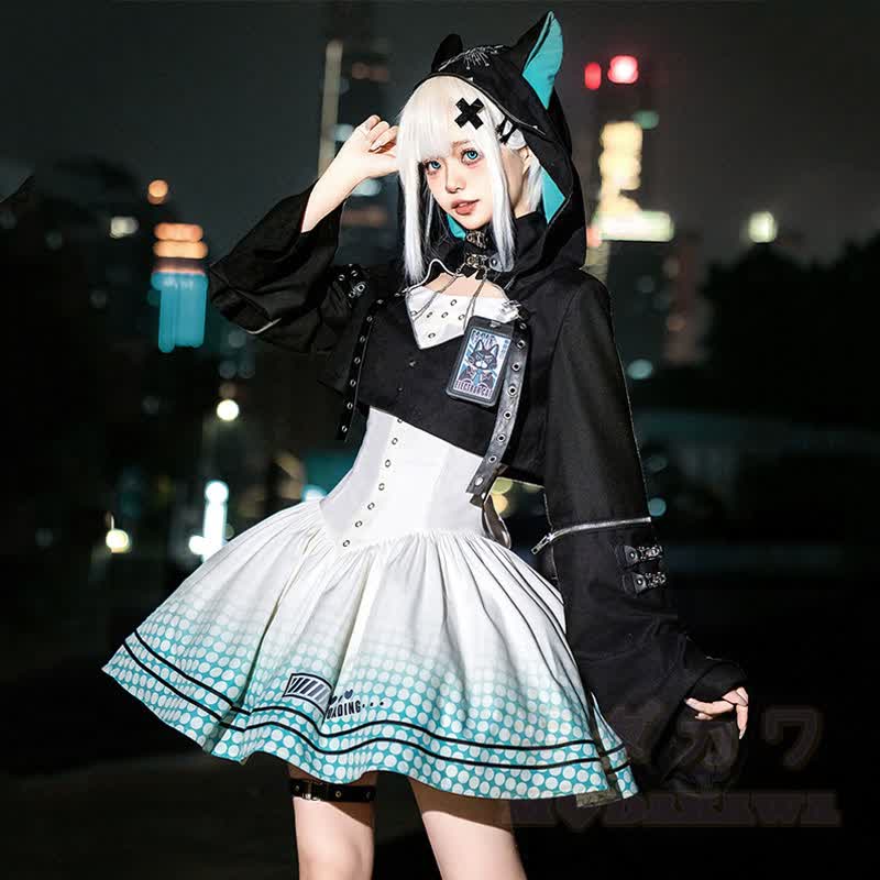 Chain Color Block Hooded Top Slip Dress Matching Outfit - image 5